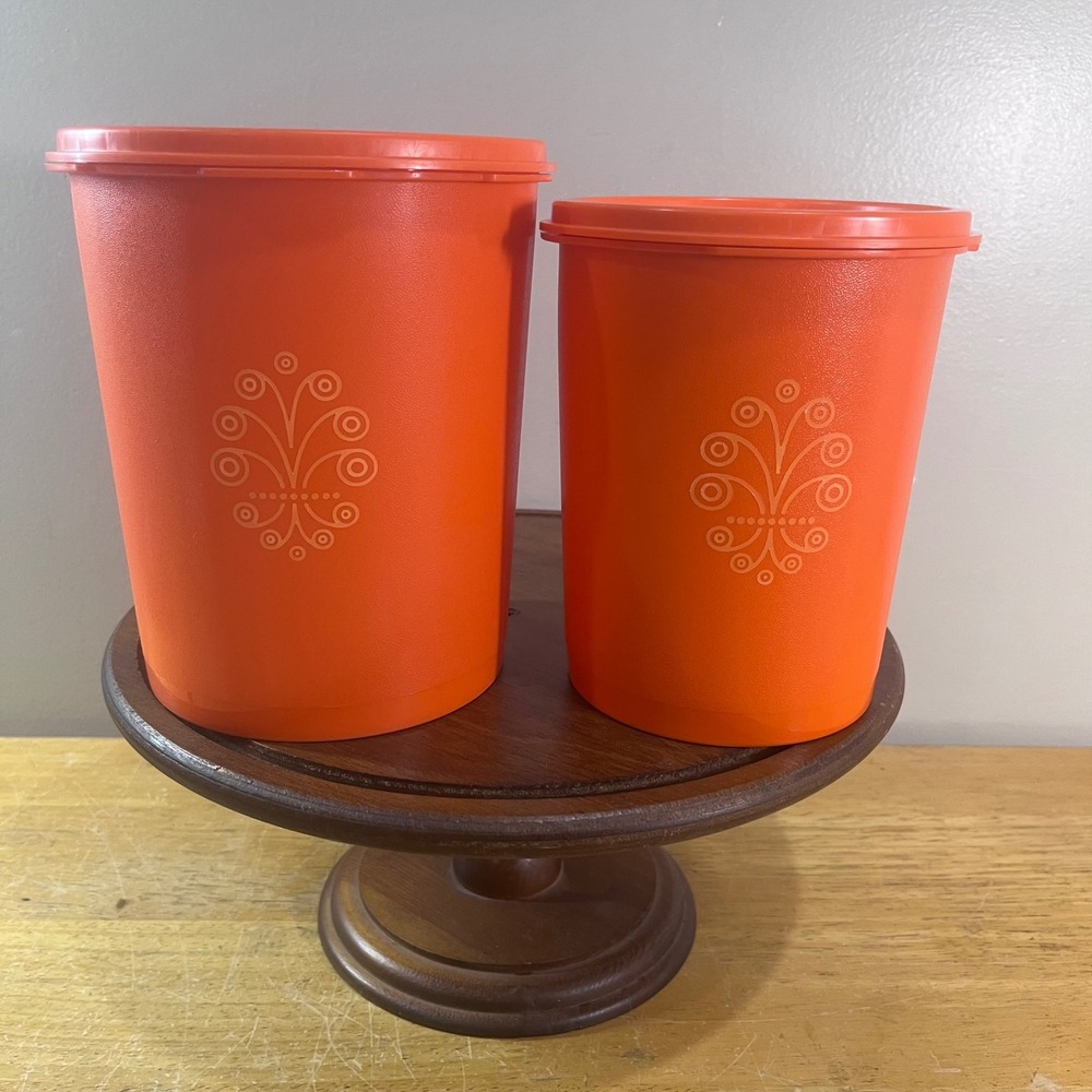 Vtg Tupperware Canister Set Orange Servalier Sunburst Lid 809-5 811-4 2pc